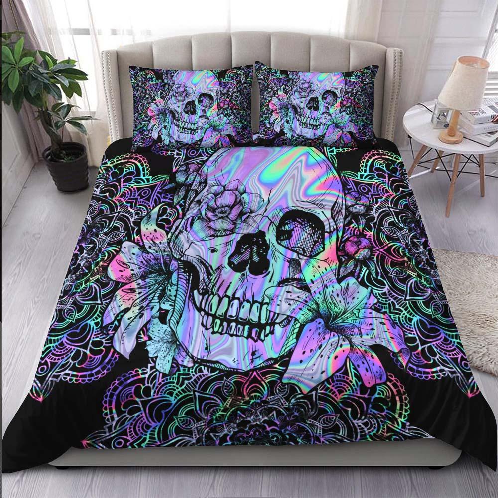 Holographic Mandala Skull Lily Flowers Duvet Cover Set - Wonder Skull