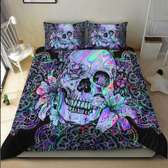 Holographic Mandala Skull Lily Flowers Duvet Cover Set - Wonder Skull