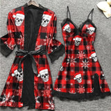Gothic Skull Red Checked Pajama Set, Cute Christmas Nightwear 4 Piece For Women - Wonder Skull