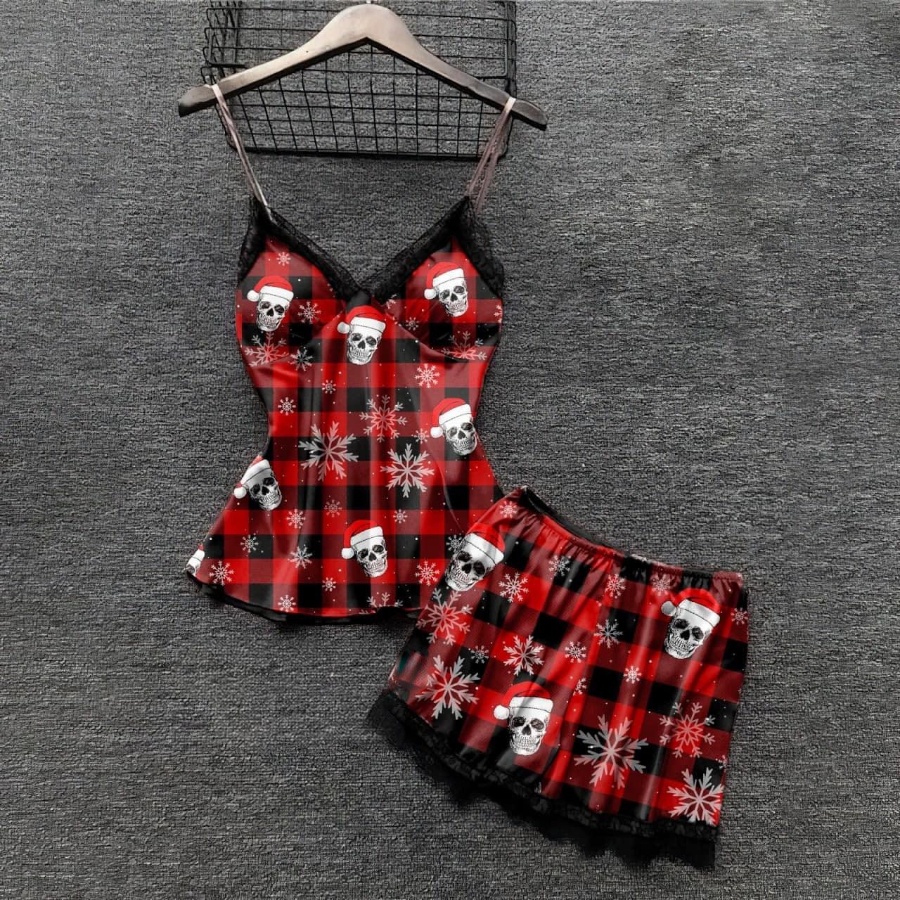 Gothic Skull Red Checked Pajama Set, Cute Christmas Nightwear 4 Piece For Women - Wonder Skull