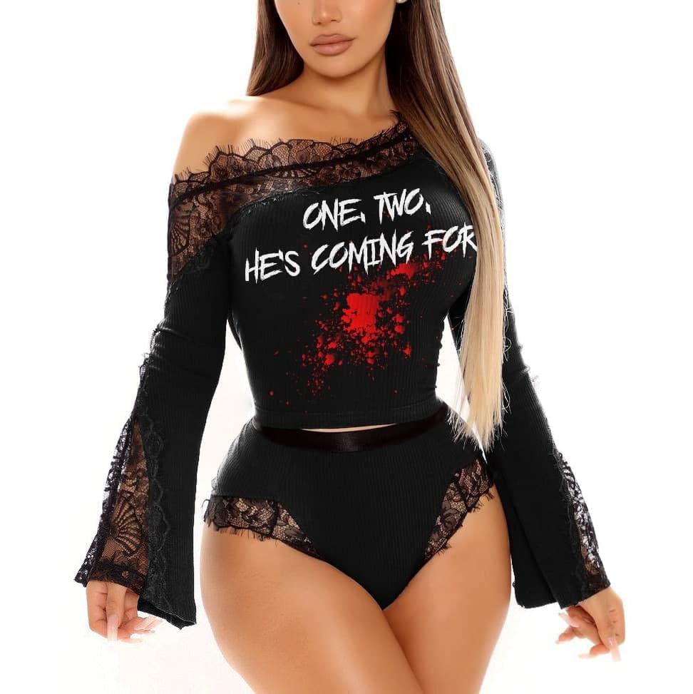 Funny Halloween Lingerie Short Set, Sexy 2 Piece Scary Costume For Women - Wonder Skull