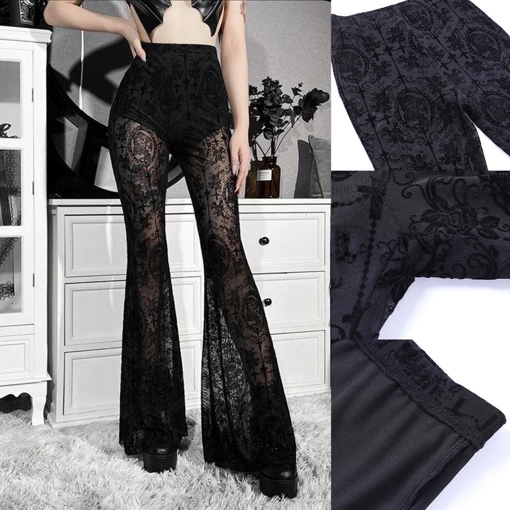 Gothic Floral Flare, Sexy See Through Wide Pants For Women - Wonder Skull