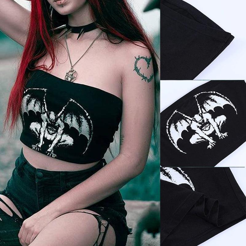 Goth Demon Print Black Tube Top, Sexy SleeveLess Clubwear For Women - Wonder Skull