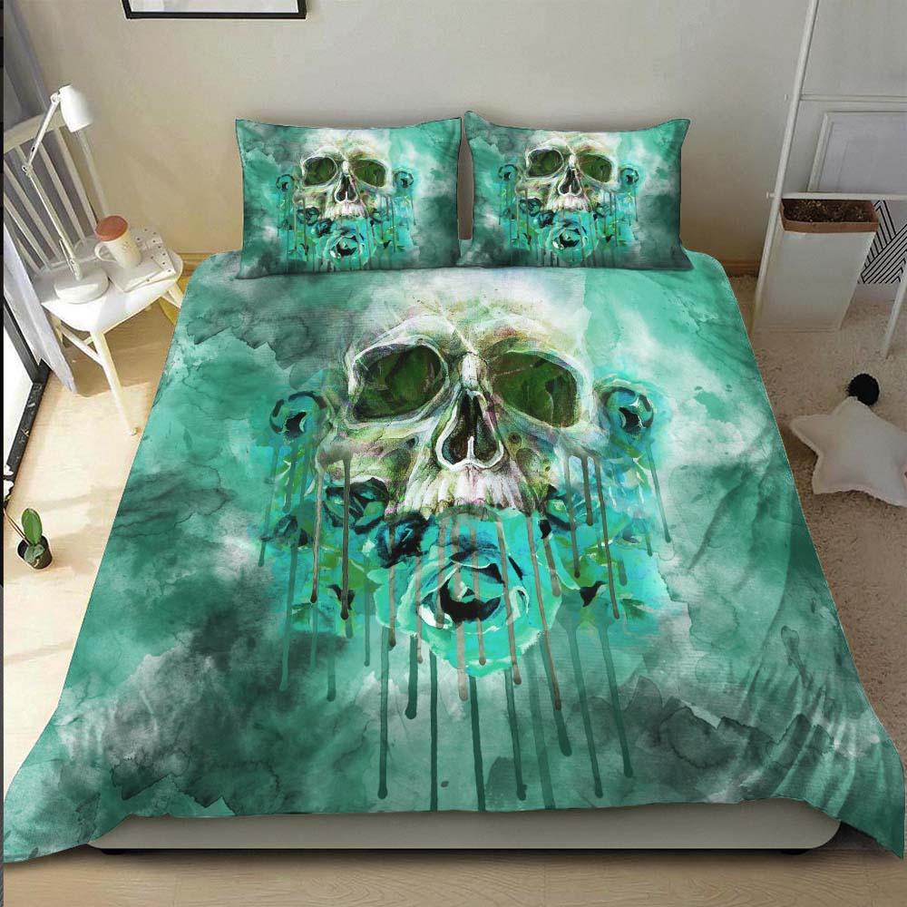 Lime Green Skull Rose Melting Duvet Cover Set - Wonder Skull