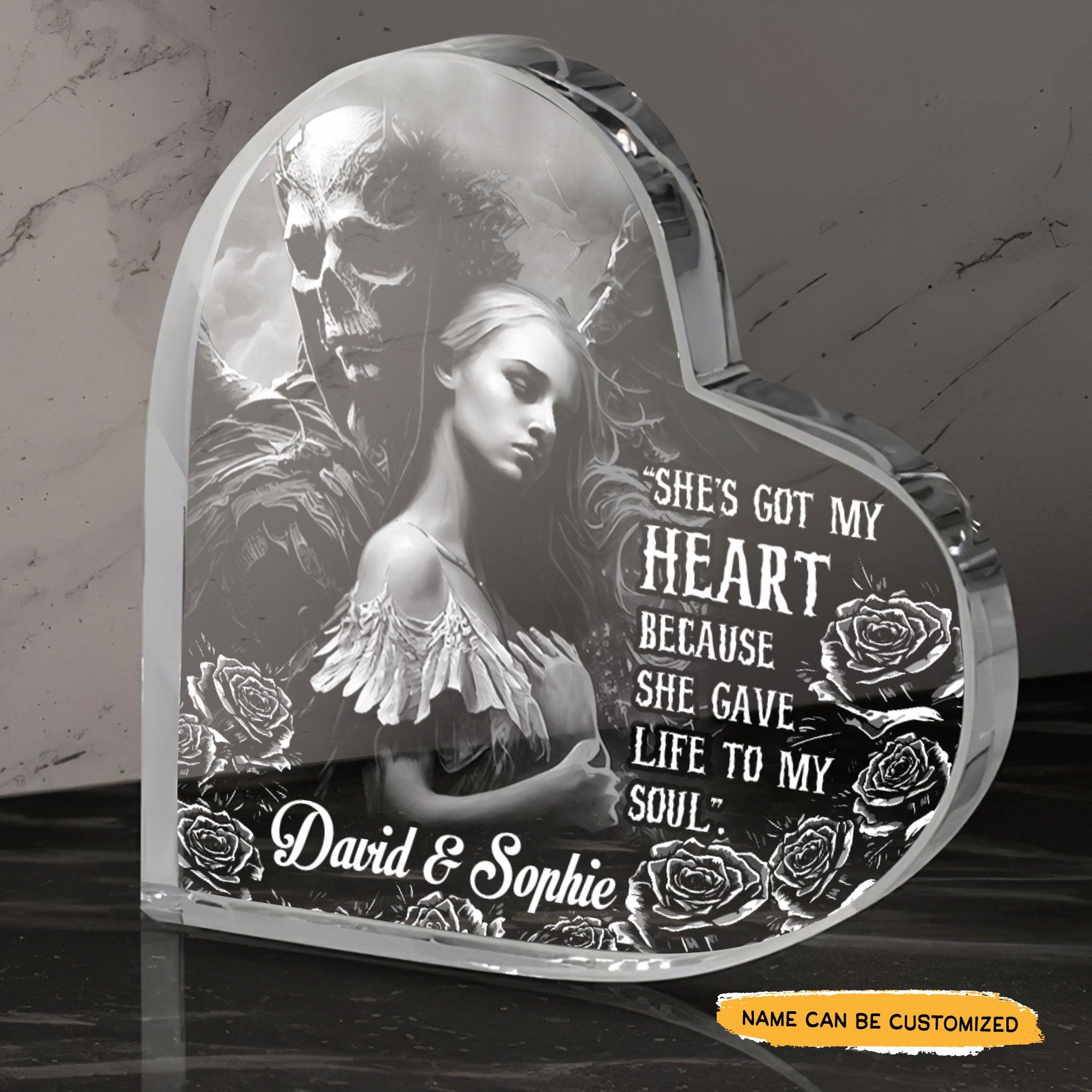 She's Got My Heart - Customized Skull Couple Crystal Heart Anniversary Gifts - Wonder Skull