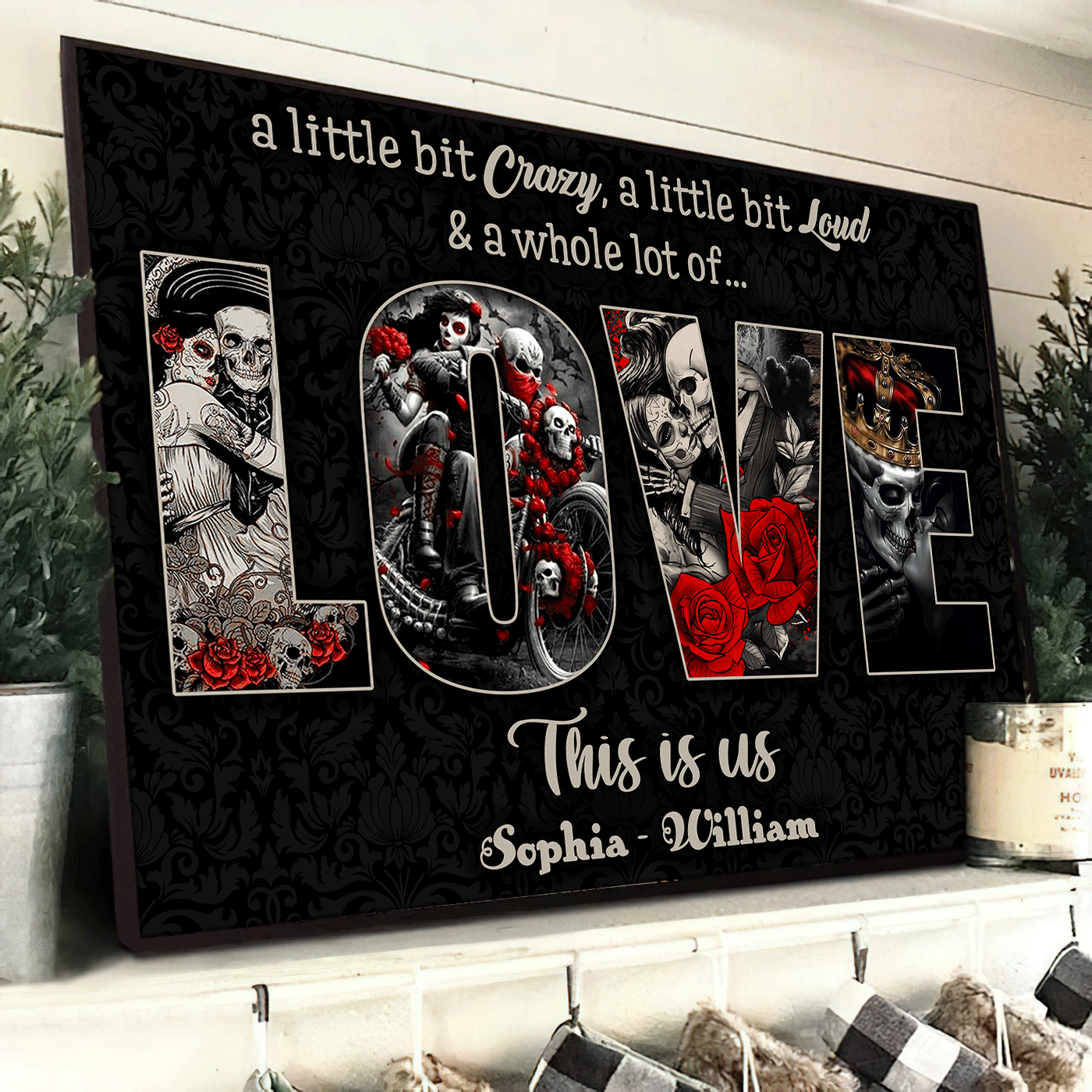A Little bit Crazy - Gothic Skull Love Personalized Horizontal Canvas - Wonder Skull