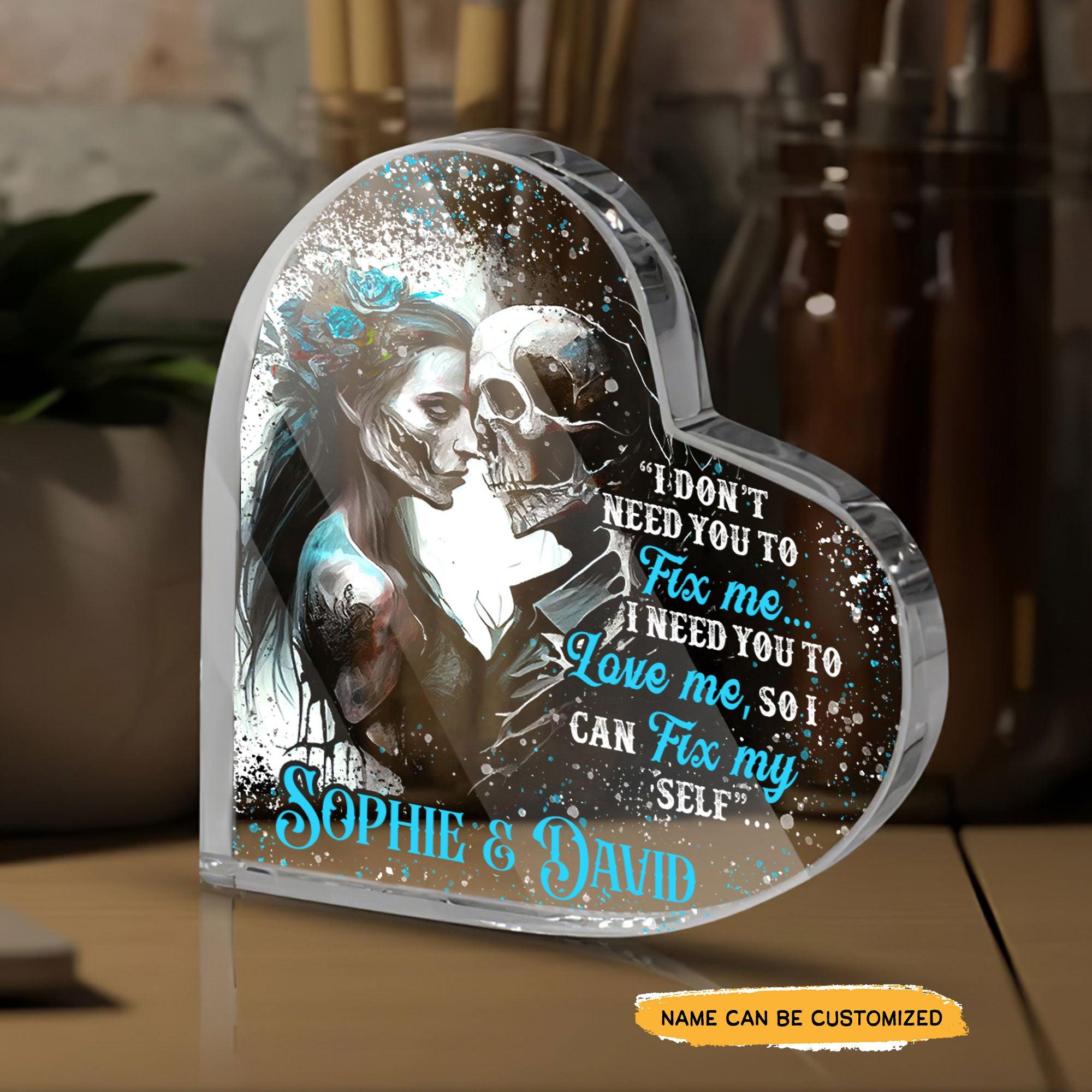 You To Fix Me - Customized Skull Couple Crystal Heart Anniversary Gifts - Wonder Skull