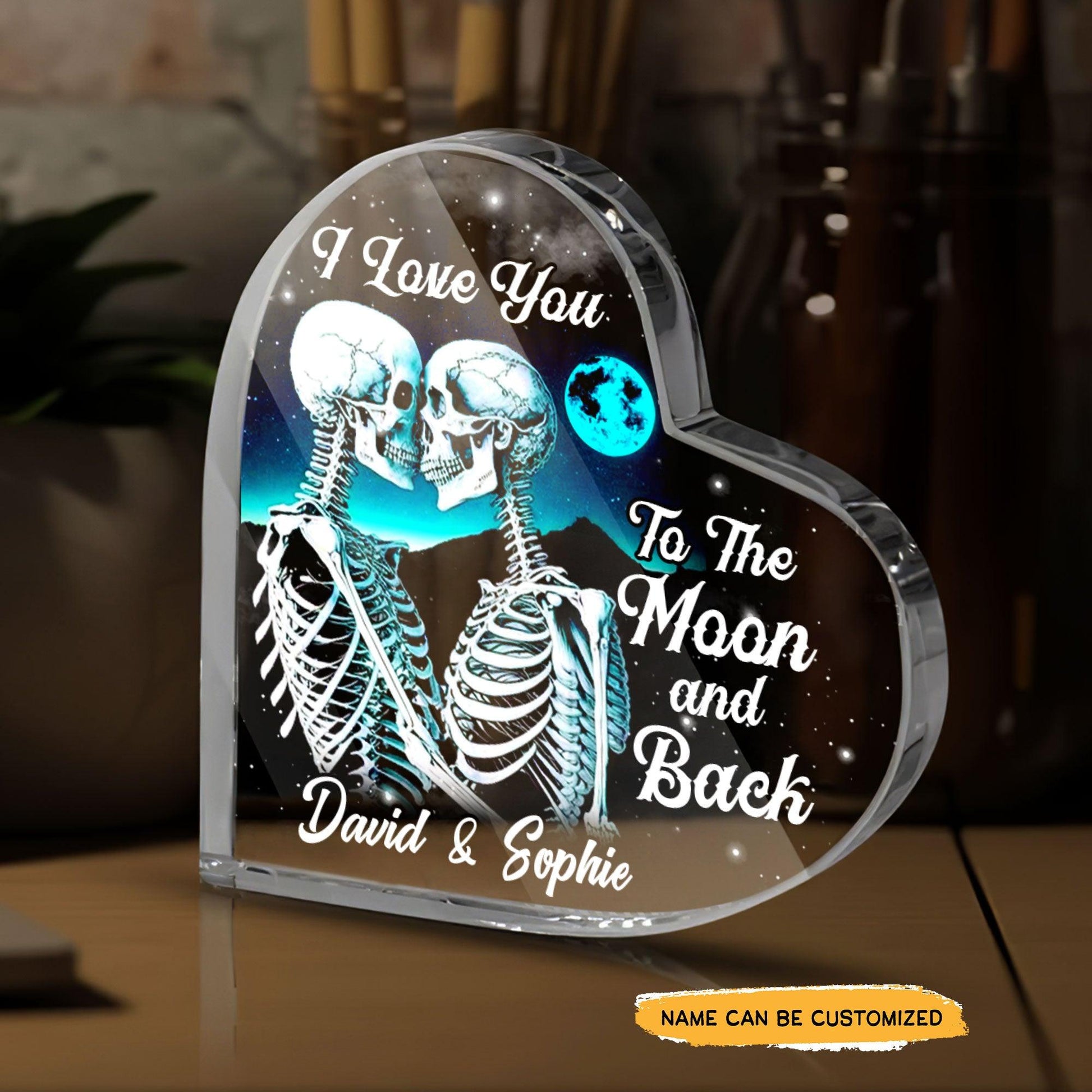 To The Moon and Back - Customized Skull Couple Crystal Heart Anniversary Gifts - Wonder Skull