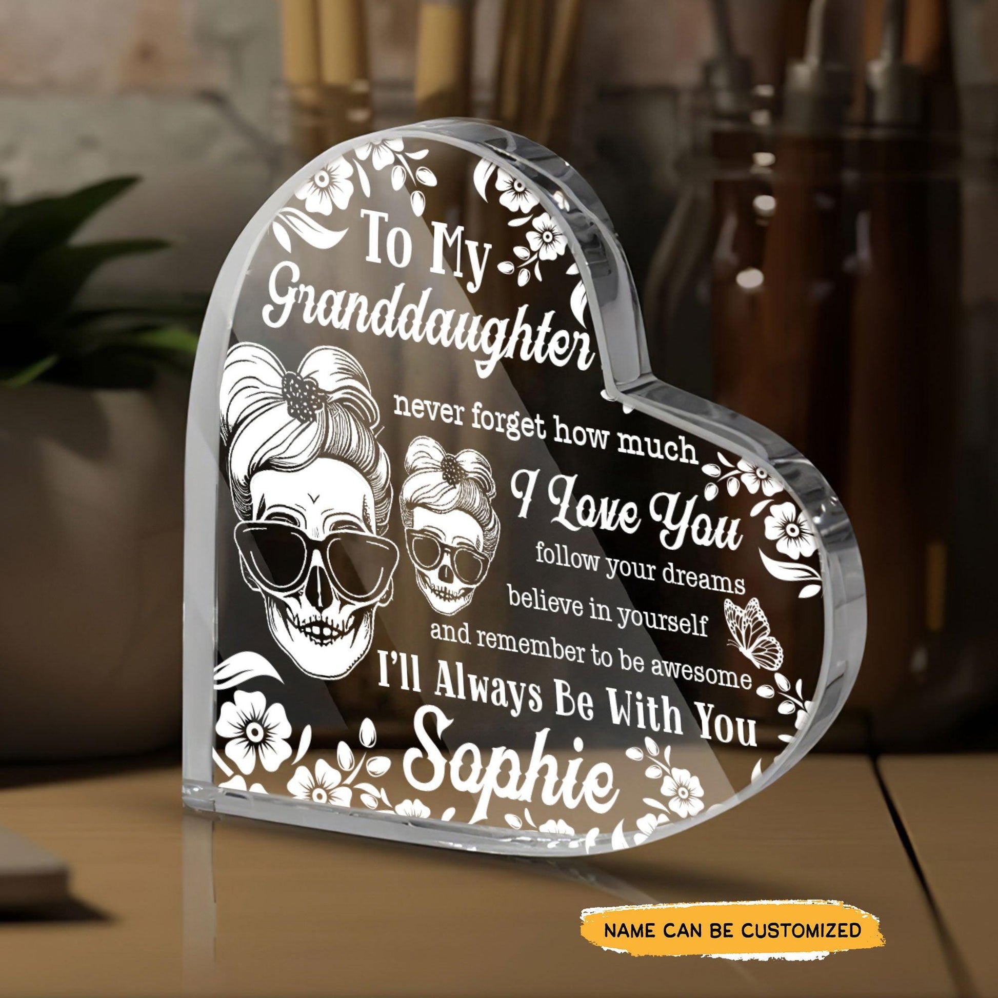 To My Granddaughter - Customized Skull Crystal Heart Anniversary Gifts - Wonder Skull