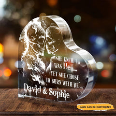 She Knew I Was Hell - Customized Skull Couple Crystal Heart Anniversary Gifts - Wonder Skull