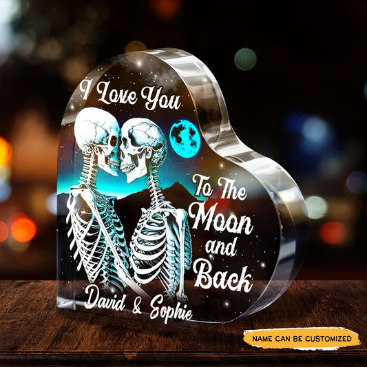 To The Moon and Back - Customized Skull Couple Crystal Heart Anniversary Gifts - Wonder Skull
