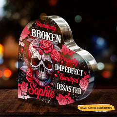 Beautifully Broken - Customized Skull Couple Crystal Heart Anniversary Gifts - Wonder Skull