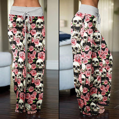 Flower Skull High-waisted Straight-leg Trousers - Wonder Skull