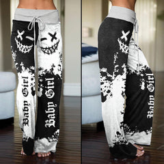 Face Smile Half White Black High-waisted Wide Leg Pants - Wonder Skull