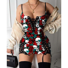 Skull Rose Pattern Gothic Eyelet Lace-up Letter Dress - Wonder Skull