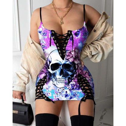Skull Flower Pattern Gothic Eyelet Lace-up Letter Dress - Wonder Skull
