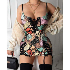 Skull Colorful Pattern Gothic Eyelet Lace-up Letter Dress - Wonder Skull