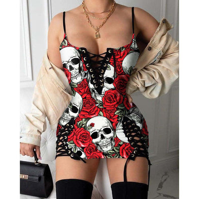 Skull Pattern Rose Gothic Eyelet Lace-up Letter Dress - Wonder Skull