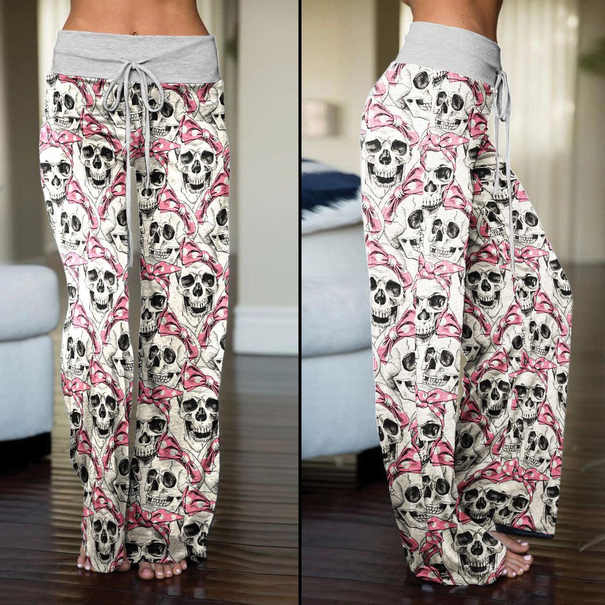 Skull Pink Bow tie High-waisted Straight-leg Trousers - Wonder Skull