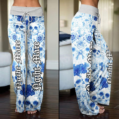 Nightmare Skull Flower Blue Half High-waisted Wide Leg Pants - Wonder Skull