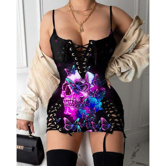 Skull Butterfly Purple Gothic Eyelet Lace-up Letter Dress - Wonder Skull