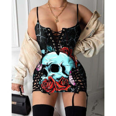 Skull Blue Rose Gothic Eyelet Lace-up Letter Dress - Wonder Skull