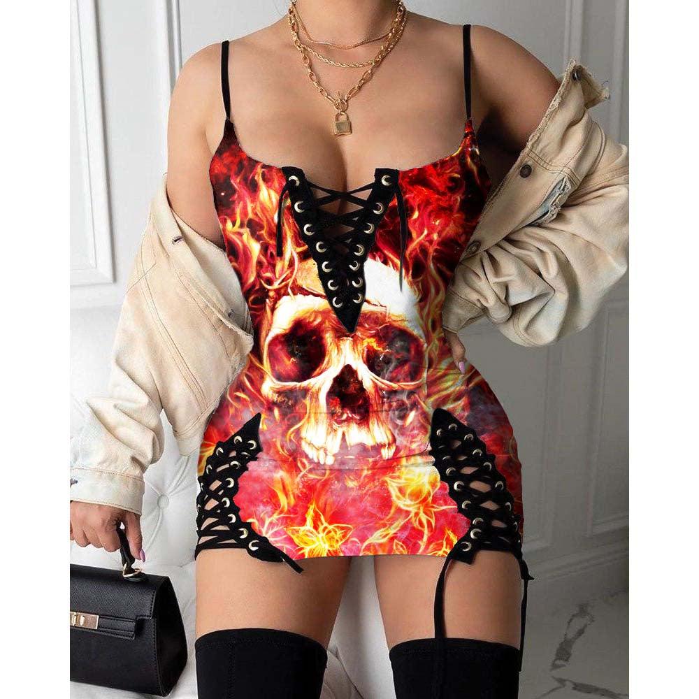 Skull Fire Gothic Eyelet Lace-up Letter Dress - Wonder Skull