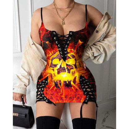 Skull Fire Gothic Eyelet Lace-up Letter Dress - Wonder Skull