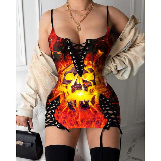 Skull Fire Gothic Eyelet Lace-up Letter Dress - Wonder Skull