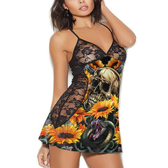 Skull Sunflower Gothic Women Black Lace Cami Dress - Wonder Skull