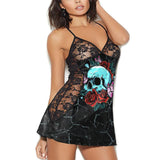 Crack Skull Rose All-Over Print Women Black Lace Cami Dress - Wonder Skull