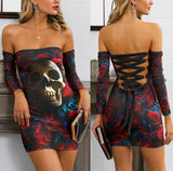 Skull Rose Red Blue Gothic Off-shoulder Back Lace-up Dress - Wonder Skull