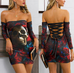 Skull Rose Red Blue Gothic Off-shoulder Back Lace-up Dress - Wonder Skull