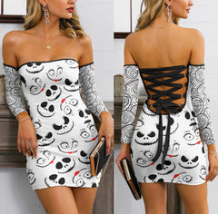 Couple Of Nightmare PT Off-shoulder Back Lace-up Dress - Wonder Skull