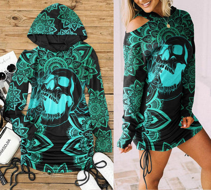 Lotus Mandala Cyan Skull Print Open Shoulder Dress - Wonder Skull