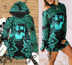 Lotus Mandala Cyan Skull Print Open Shoulder Dress - Wonder Skull