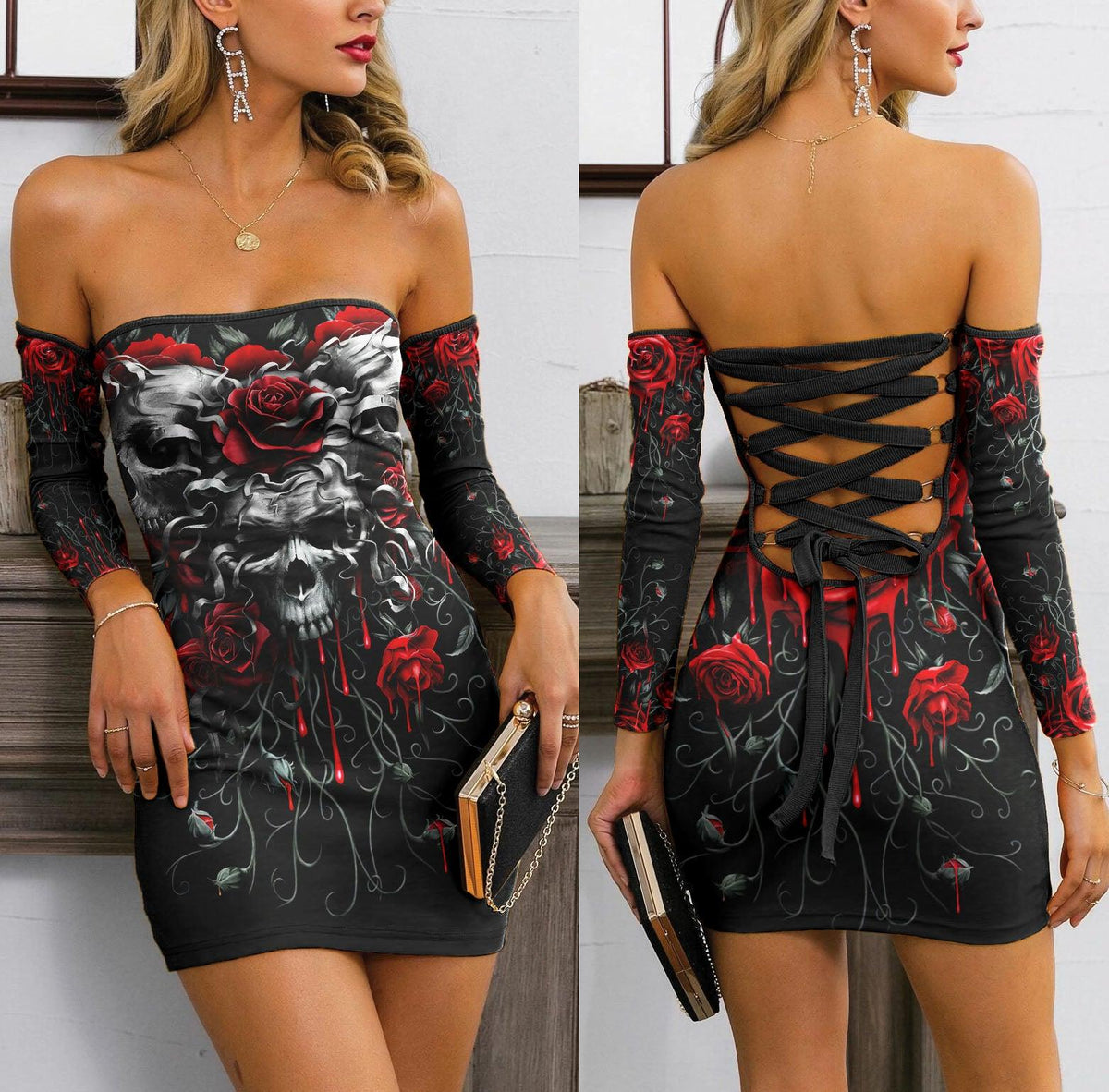 Skull Gothic Red Rose Off-shoulder Back Lace-up Dress - Wonder Skull