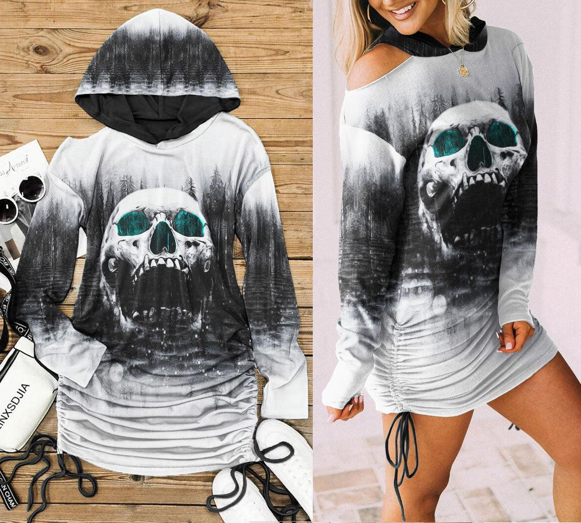 Black White Color Drawing Skull Print Open Shoulder Dress - Wonder Skull