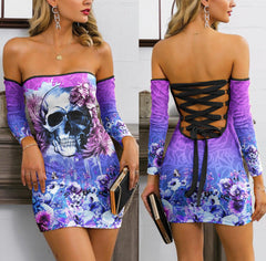 Skull Gothic Flower Off-shoulder Back Lace-up Dress - Wonder Skull