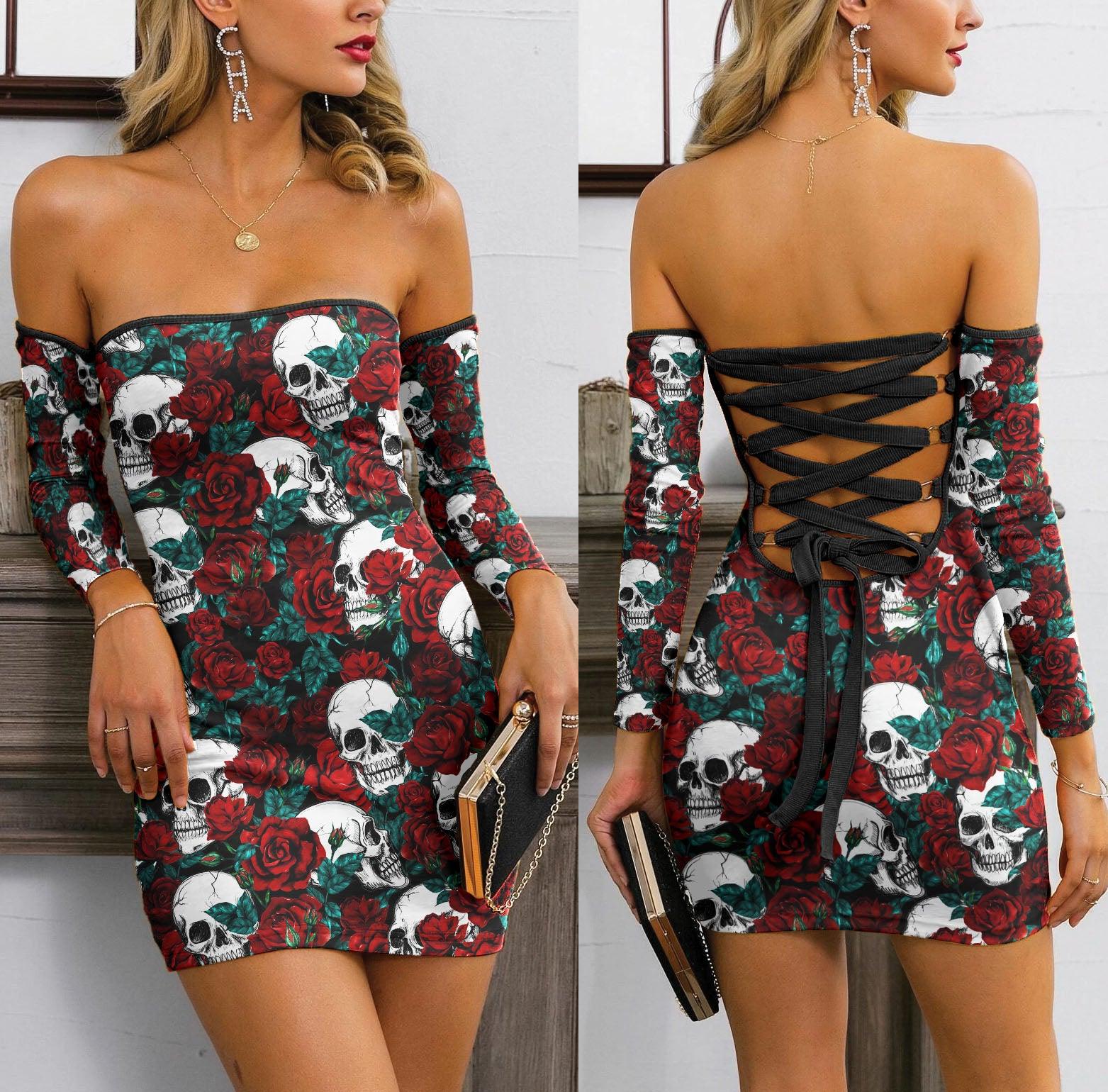 Skull Sugar Rose Pattern Off-shoulder Back Lace-up Dress - Wonder Skull