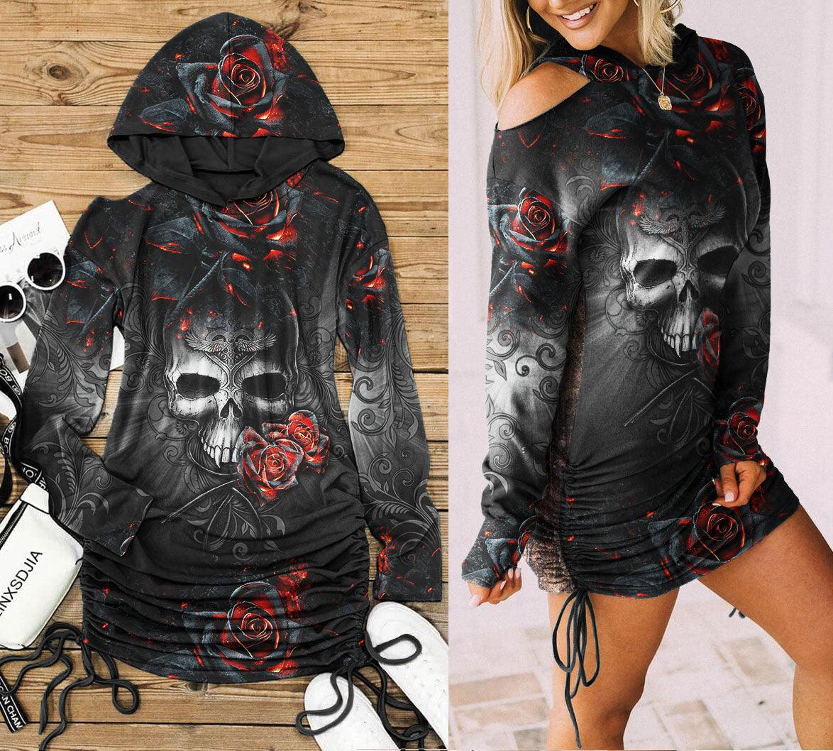 Color Drawing Rose Skull Print Open Shoulder Dress - Wonder Skull