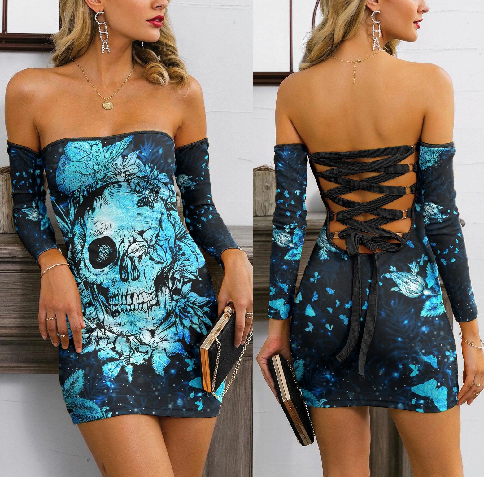Skull Gothic Flower Blue Off-shoulder Back Lace-up Dress - Wonder Skull
