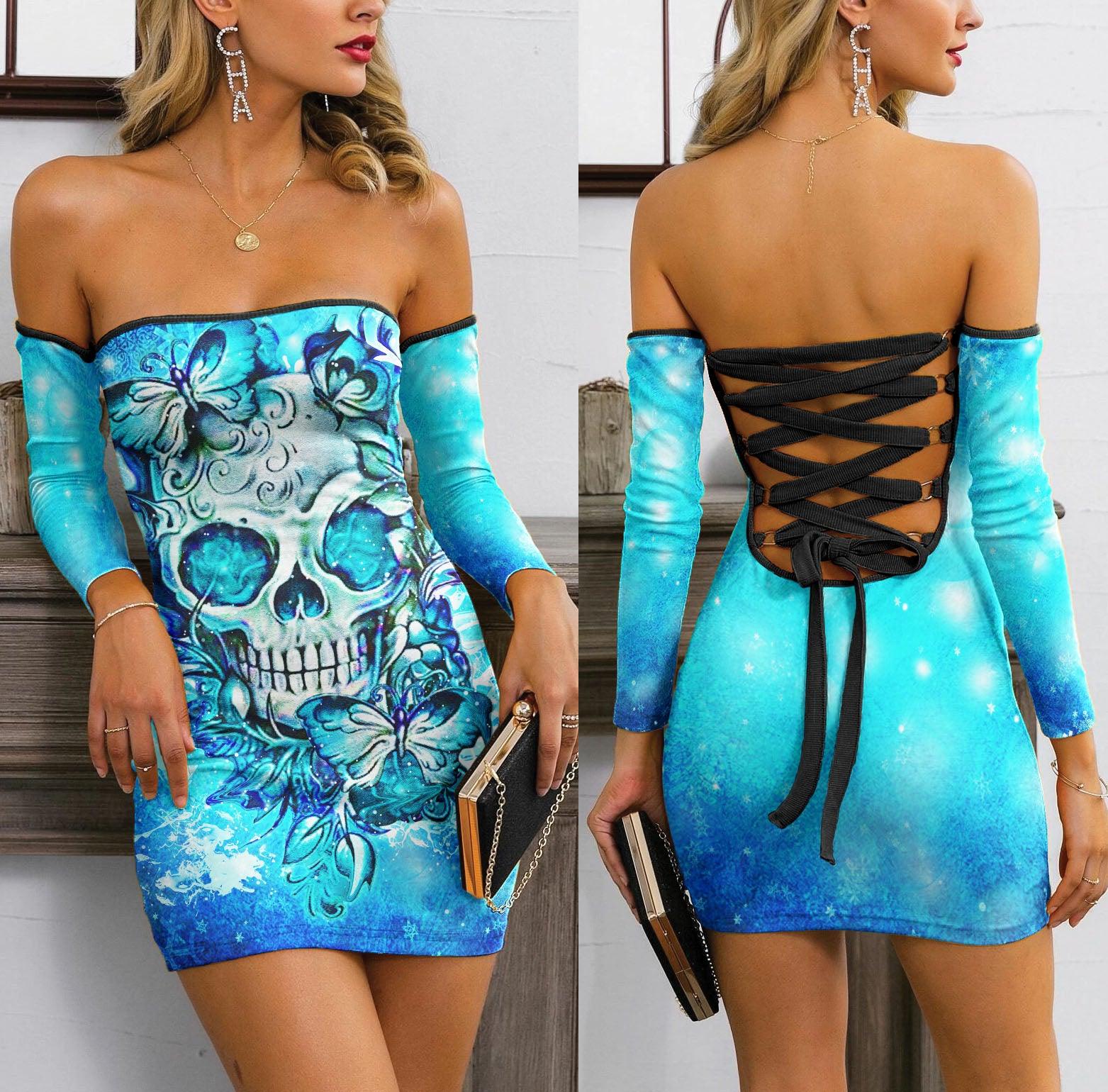 Skull Gothic Blue Rose Off-shoulder Back Lace-up Dress - Wonder Skull