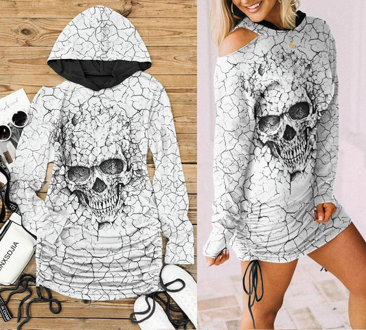 Black Skull Cracked Drawing Skull Print Open Shoulder Dress - Wonder Skull