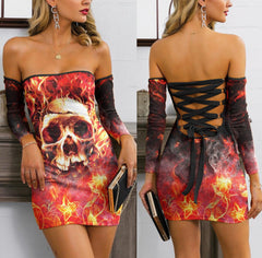 Skull Sugar Fire Off-shoulder Back Lace-up Dress - Wonder Skull