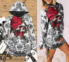 Rose Red Drawing Skull Print Open Shoulder Dress - Wonder Skull