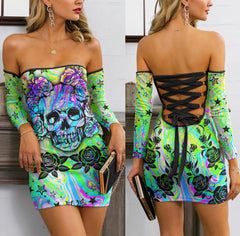 Skull Rose Hologram Off-shoulder Back Lace-up Dress - Wonder Skull