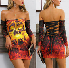 Skull Sugar Fire Off-shoulder Back Lace-up Dress - Wonder Skull