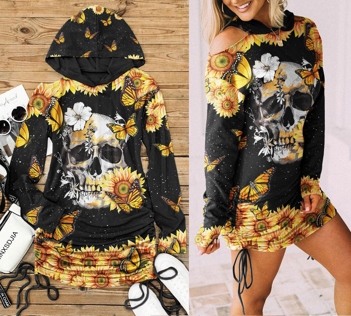 Butterfly Sunflower Skull Print Open Shoulder Dress - Wonder Skull