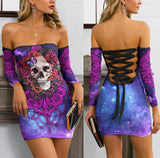 Skull Gothic Pink Galaxy Off-shoulder Back Lace-up Dress - Wonder Skull